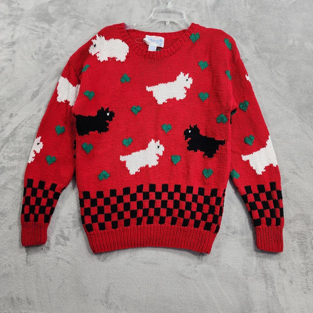 Vintage DEANS Of Scotland Sweater Womens M Red Scottie Dog Hearts Cottagecore